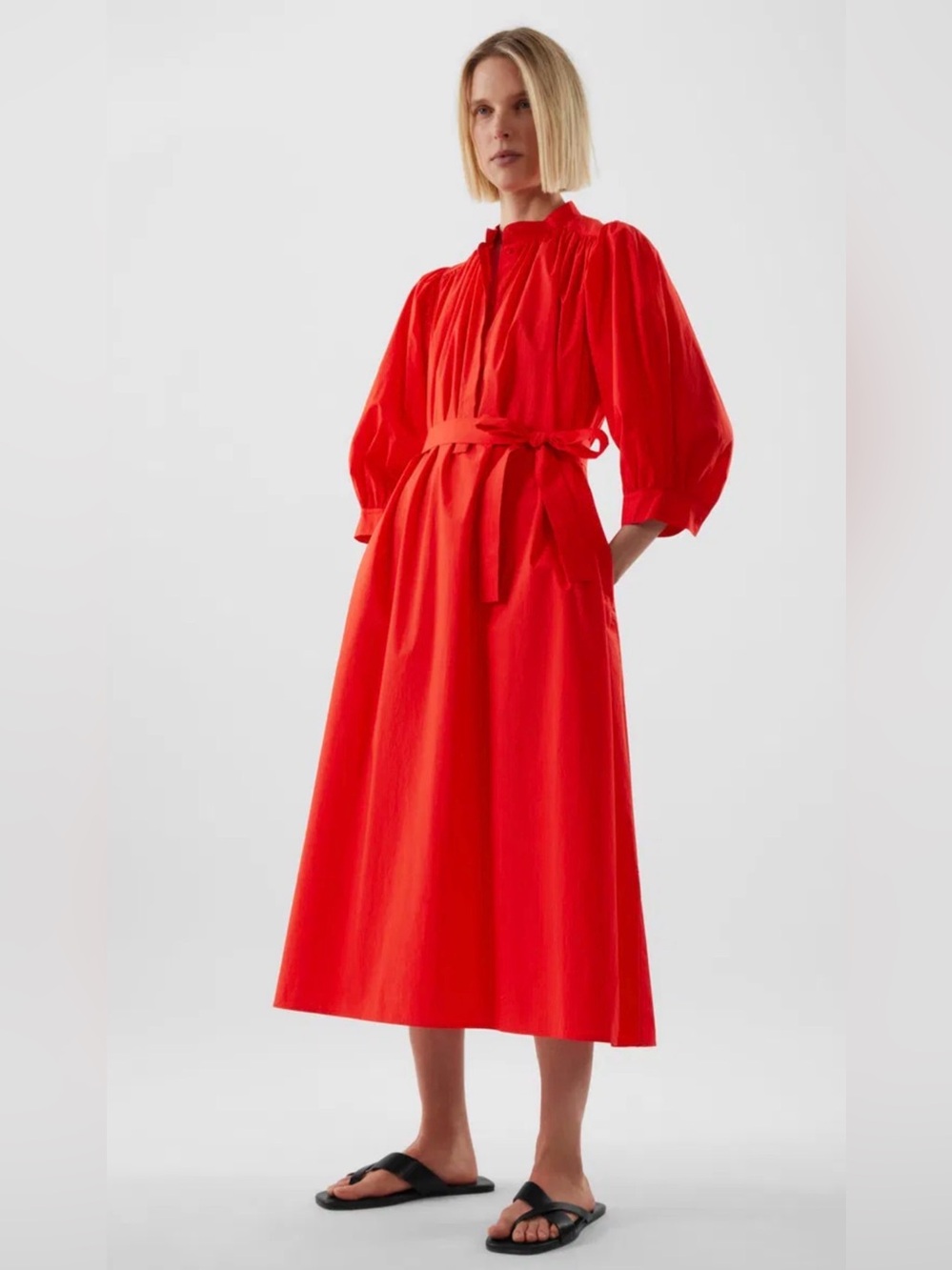 COS Bright Red Midi Dress with Tie Waist
